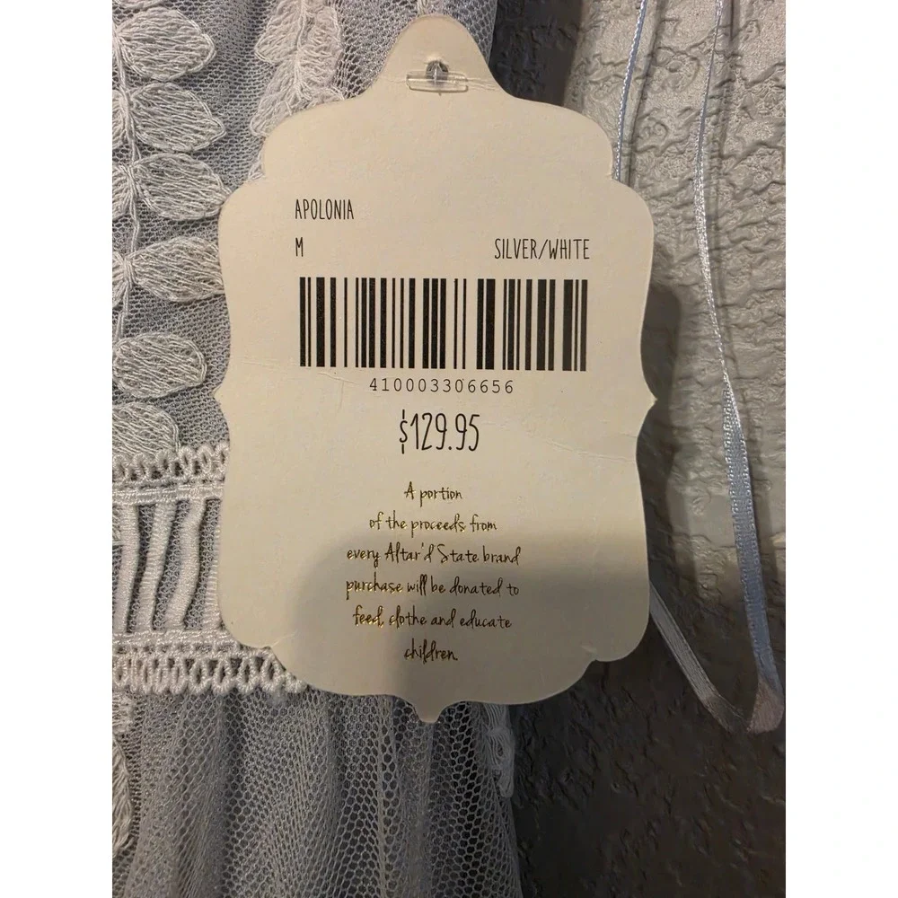 Altar'd State Apolonia Maxi Dress Silver White Lace Mesh Boho Medium NWT